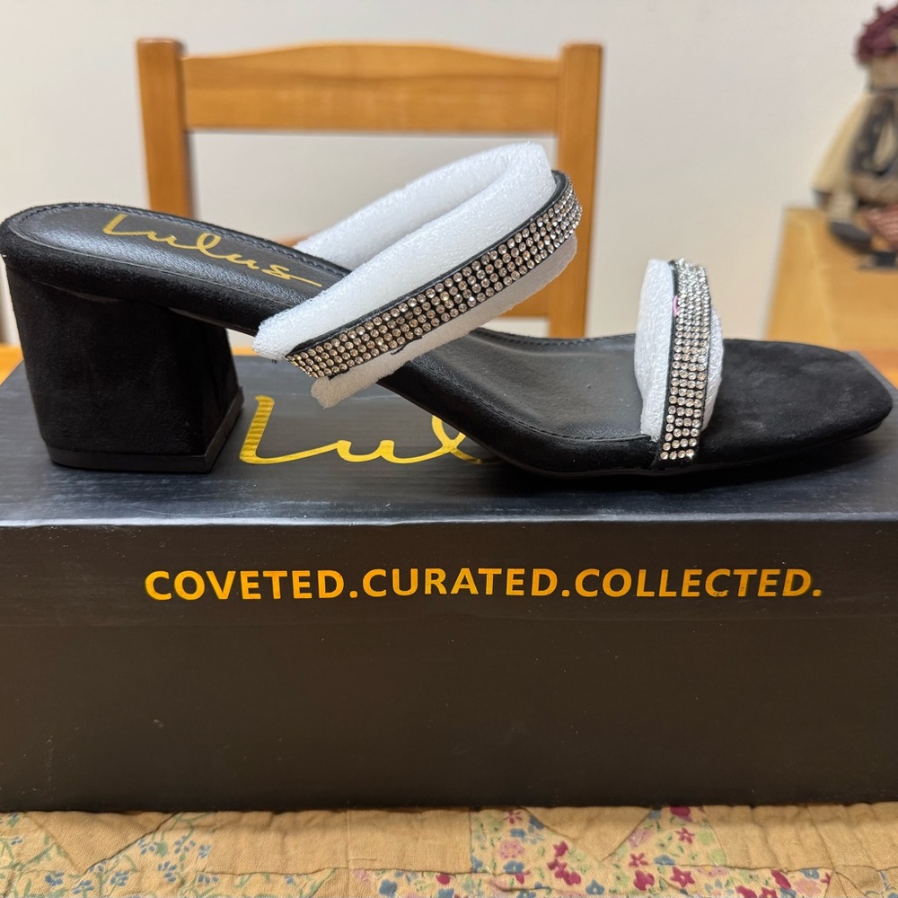 Lulus Lux Black Suede, Rhinestone, Double Strap Heels